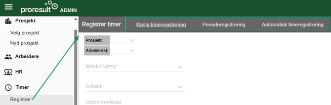 På samme linja finner du vanlig timeregistrering, perioderegistrering og automatisk timeregistrering