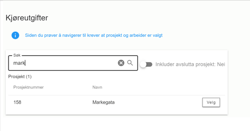 kjøreutgifter uten prosjekt satt