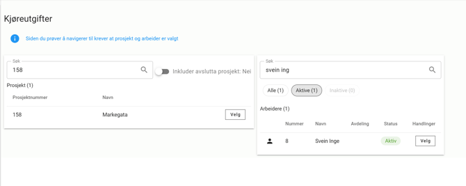 kjøreutgifter uten prosjekt og ansatt satt