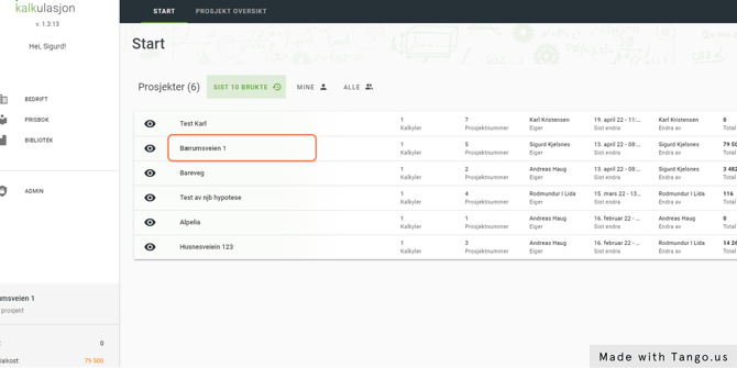 Velg ønsket prosjekt