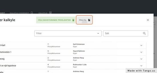 Velg å enten hente fra eksisterende prosjekter eller hente fra en fil