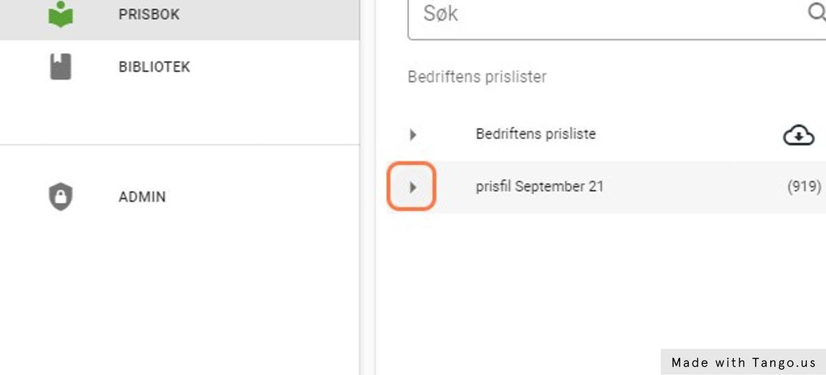 Trykk på pilen på ønsket prisliste