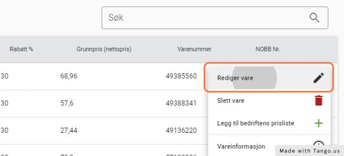 Her kan man velge å enten redigere eller slette varen