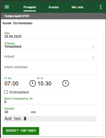 Registrer timer